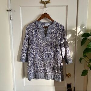 Sigrid Olsen Linen Blue and White Floral Paisley Tunic 3/4‎ Sleeve Small